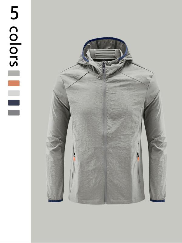 Men's Solid Color Pocket Zip Up Jacket, Regular Fit Breathable Sun Protection Outerwear for Outdoor Activities, Casual Comfy Men's Sportswear for All Seasons 2