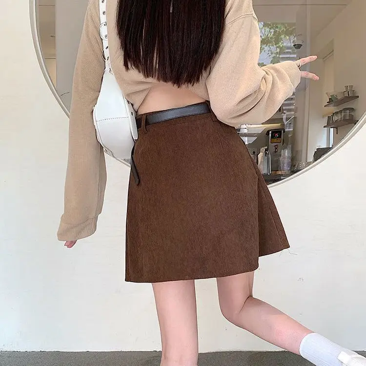 Chân Váy Xếp Ly, Chất Liệu Vải Nhung Kẻ, Dành Cho Nữ, Hàng Mới Về Mùa Thu Và Mùa Đông, Chữ A Cạp Cao, Bó Sát, Trẻ Trung Và Cổ Điển, Dễ Phối Đồ, Phong Cách Phương Tây, Chân Váy Ngắn 5