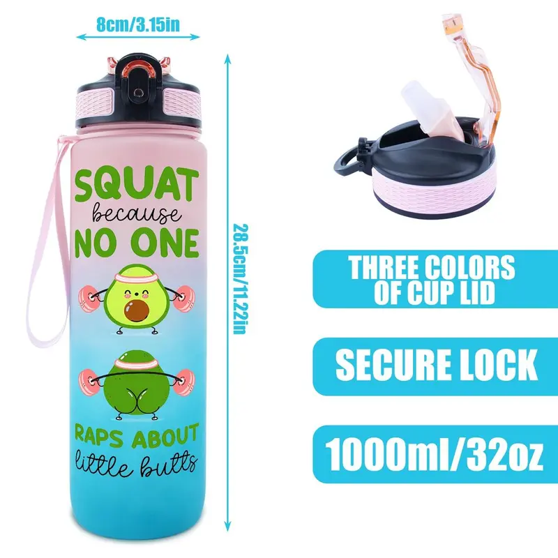 32oz Water Bottle, 1 Count Cartoon Squat Pattern Sports Drinking Bottle with Time Marker, Leakproof Fitness Water Bottle for Home Office Gym Workout, Drinkware 1