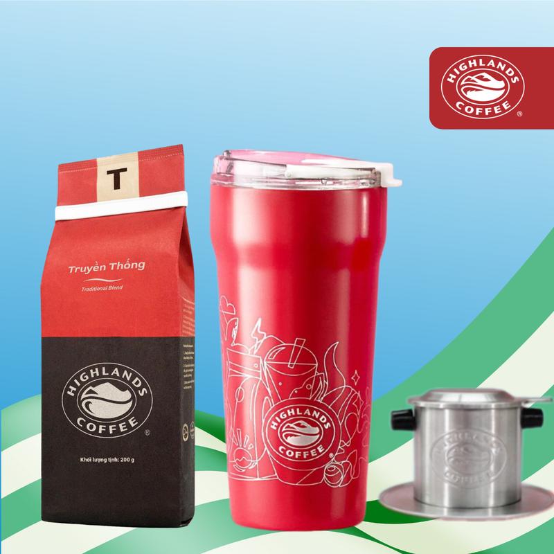 [COMBO GIẢM 25%] LY GIỮ NHIỆT ĐỎ HỌA TIẾT CÓ NẮP 500ML + PHIN CÀ PHÊ INOX + CÀ PHÊ RANG XAY TRUYỀN THỐNG HIGHLANDS COFFEE GÓI 200GRAM