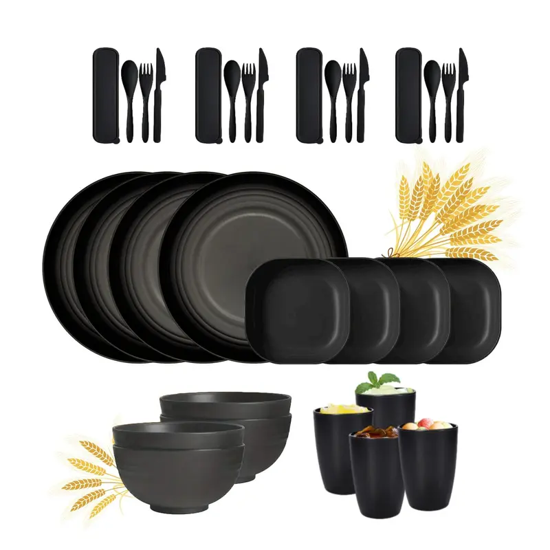 Reusable Cutlery Set, 32pcs/set Including Plate, Bowl, Cup, Knife, Fork & Spoon, Portable Tableware Set for Home Kitchen Picnic Camping Party, Fathers Day Gift 0
