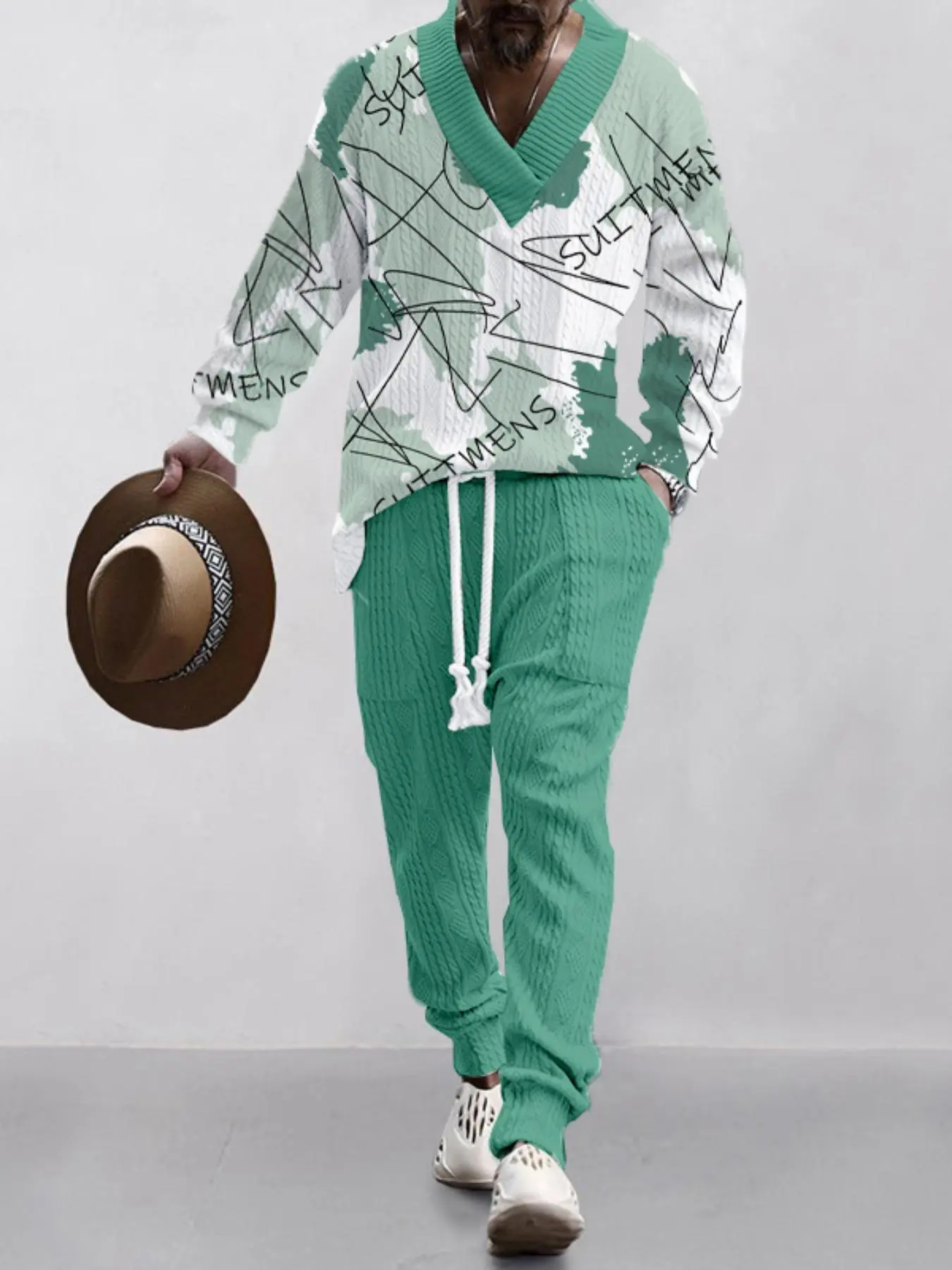 Two-piece Set Men's Colorblock Letter Print Textured  V Neck Sweatshirt & Pocket  Drawstring Waist Pants,  Regular Fit Casual Fashion Cozy Breathable Two Piece Outfits for Daily Wear, Men's Clothes for Fall & Winter