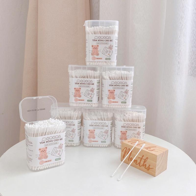 Tăm Bông Trẻ Em Hãng Monona Kháng Khuẩn ( Hộp 200 Que Lõi Giấy) Cho Bé Sơ Sinh Ngoáy Tai, Mũi