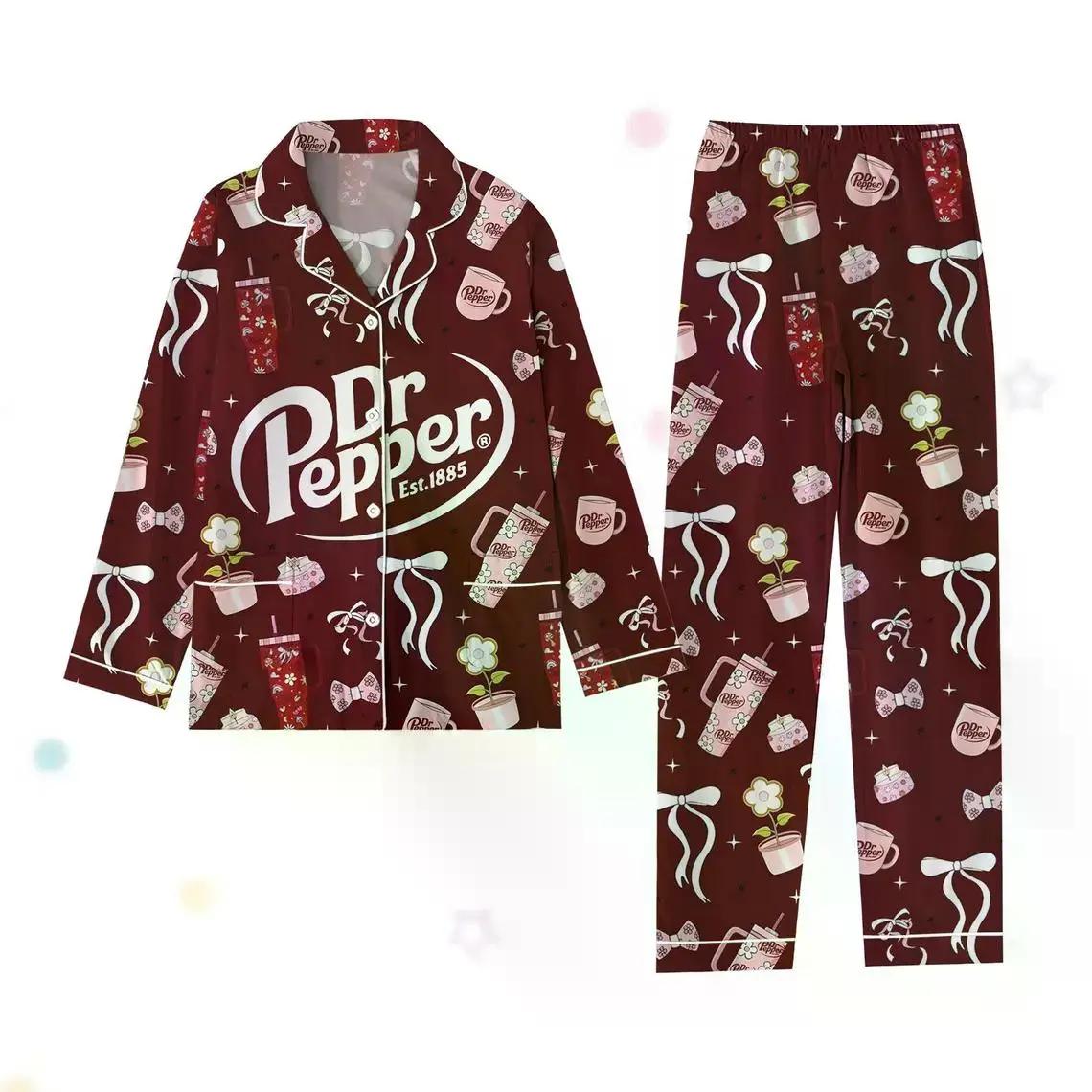 Coquette Dr Pepper Pajamas Set, Dr Pepper Shirt, Est 1885 Pajamas, Cute Pajamas, Soda Drink Tee, Gift For Her Women