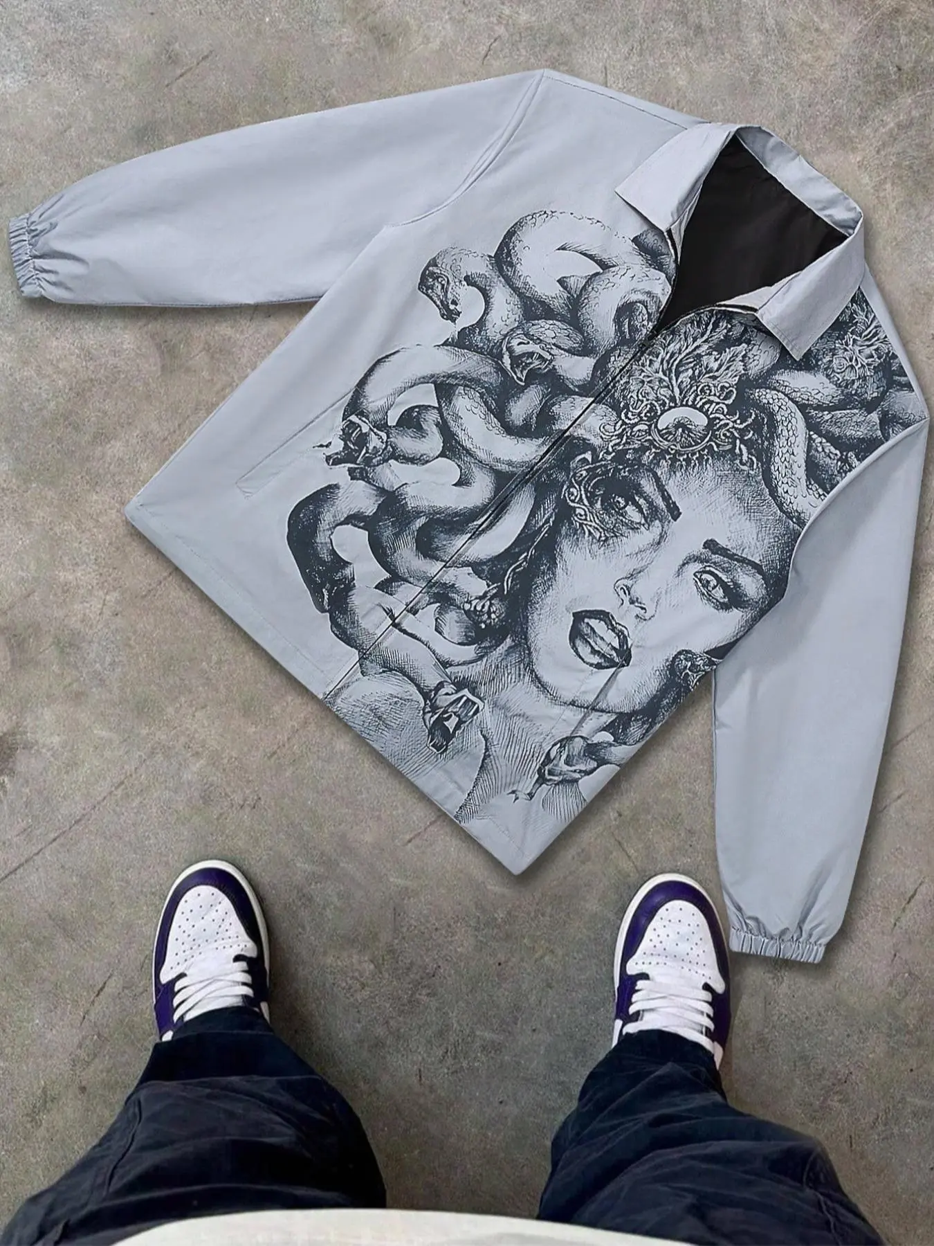 Men's Medusa Print Pocket Zip Up Jacket, Regular Fit Street  Fashion Casual Comfy Long Sleeve Collared Outerwear for Spring & Fall, Men's Clothes for Daily Wear
