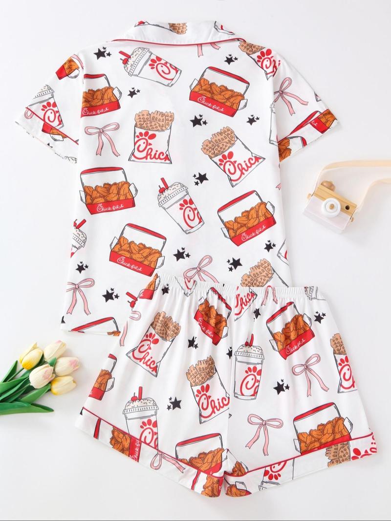 Product Introduction of Women's Fried Chicken Print Shirt & Shorts Pyjama Two-piece Set, Casual Comfy Short Sleeve Collared Top & Shorts Pj Set, Ladies Sleepwear for All Seasons, Pyjamas for Women 8