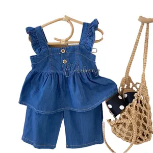 Setelan DENIM anak Bahu Ruffle - setelan anak perempuan - pakaian anak perempuan Polka Dot