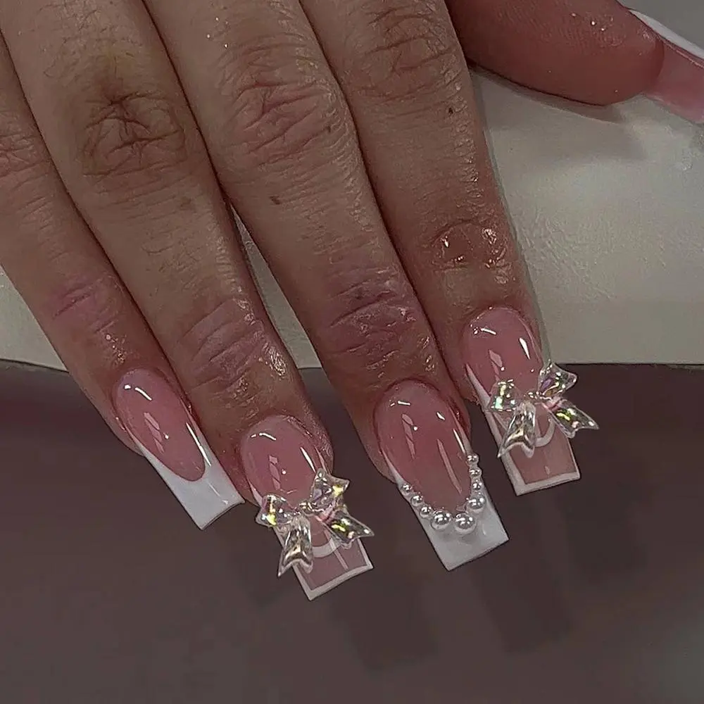 Aurora Bow and Rhinestone Decor French Style Fake Nails & Sticker Sheet Tape & Nail File & Stick, 24pcs/box Fashion Press on Nails for Women & Girls DIY Nail Art, Elegant Stick on Nails Kit, Valentine's Day Gift, Acrylic Press Nail