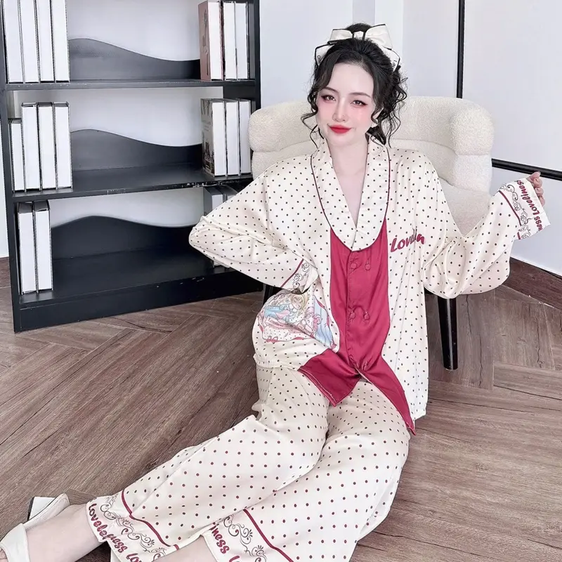 Đồ bộ pijama lụa latin cổ sam chấm bi trắng dễ thương , trẻ trung sang trọng , có bigsize đến 90kg