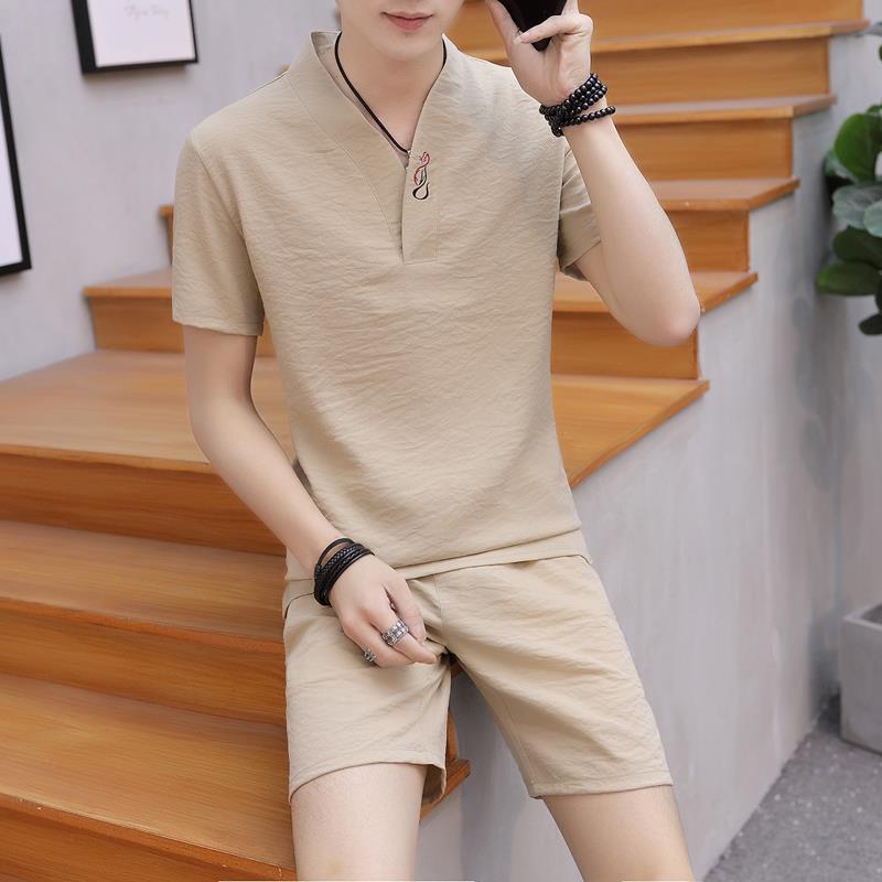 Product Introduction of Bộ Đồ Thường Ngày Cho Nam, Mỏng Mùa Hè, Thêu Phong Cách Trung Quốc, Áo Phông Cổ Chữ V Hợp Xu hướng Quần Đùi ngắn Tay Bộ Đồ Hai Mảnh, Đẹp Trai, Bộ Đồ Nam 9
