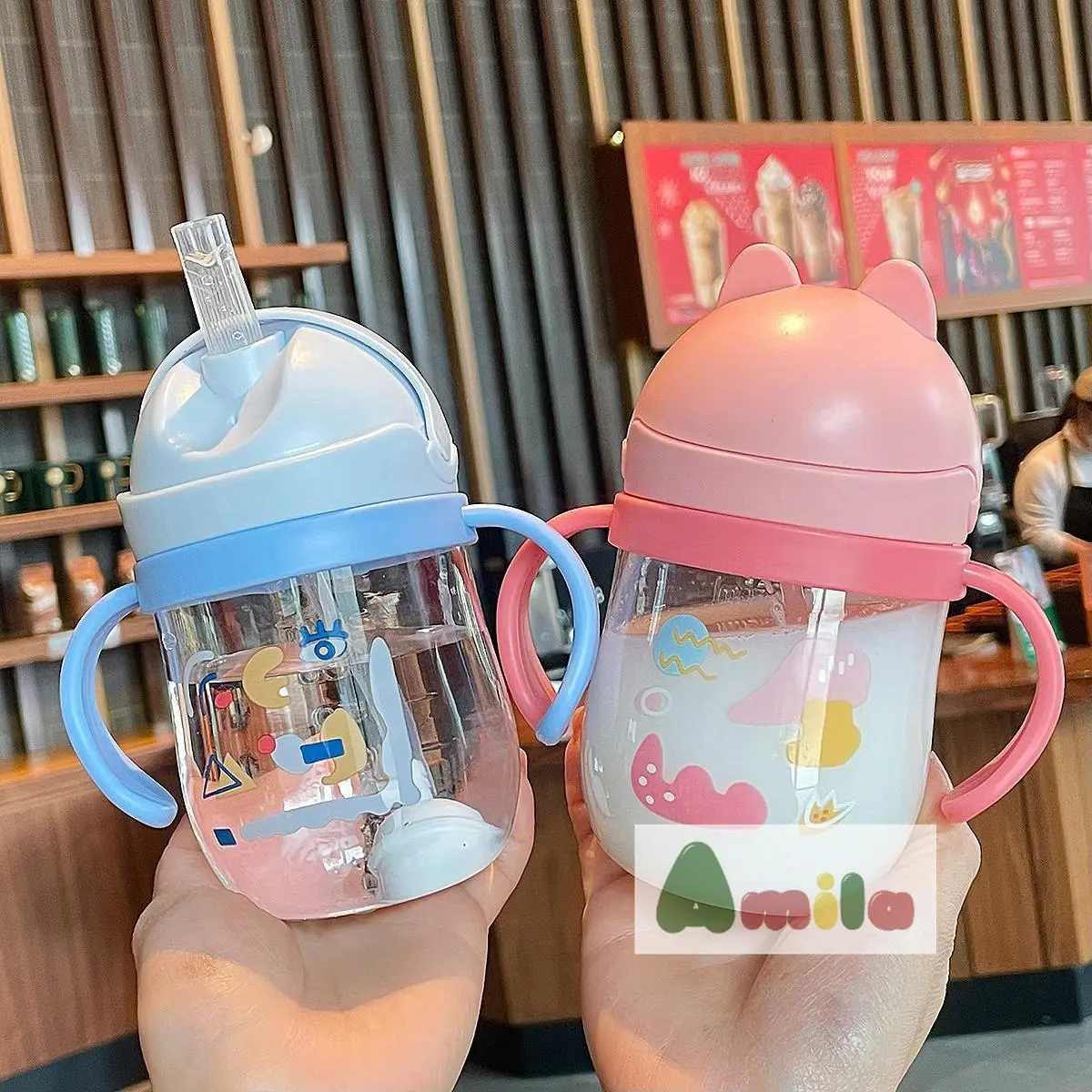 แก้วหัดดื่ม แก้วน้ำเด็ก ฝาเปิดหลอดเด้ง ขวดน้ำเด็ก 250 ml กันสำลัก นอนดูดได้