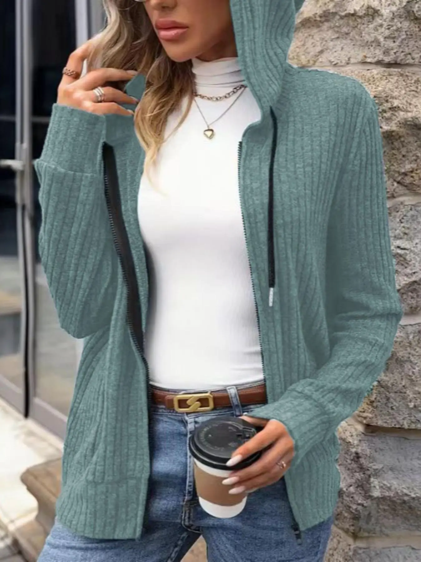 【Plus Size】 Solid Color Drawstring Zip Up Hoodie, Casual Long Sleeve Hooded Sweatshirt for Fall & Winter, Women's Clothing for Daily Wear