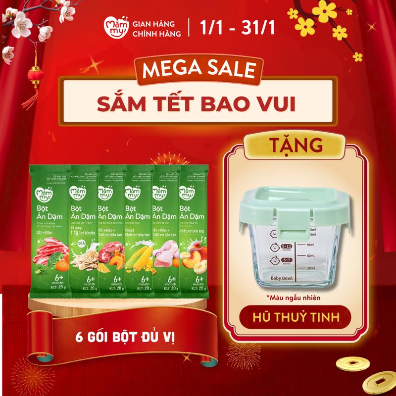[Tặng HŨ THUỶ TINH] COMBO 6 Gói Bột ăn dặm Mămmy cho bé  (bắp non, trái cây mùa hè, yến mạch, sườn heo, gà hầm, thịt bò bí đỏ)- 1 gói/20g bổ sung vitamin, dha cho bé