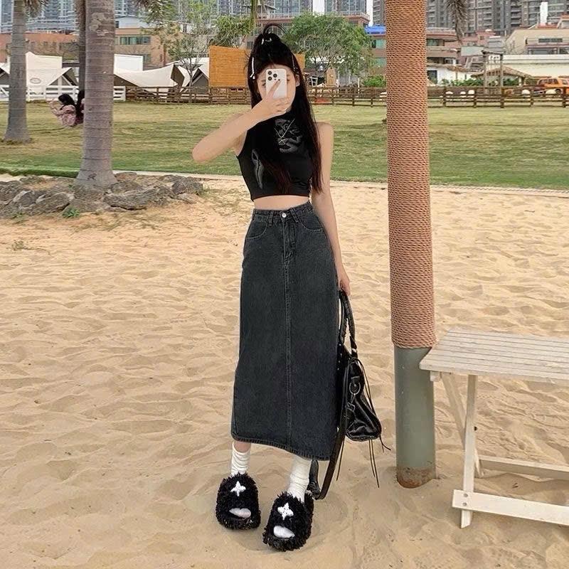 cv09- MS900- Chân Váy JEAN xẻ tà- chân váy chữ A dáng quả Lê tôn dáng gầy cạp cao dáng dài BIGSIZE Nữu