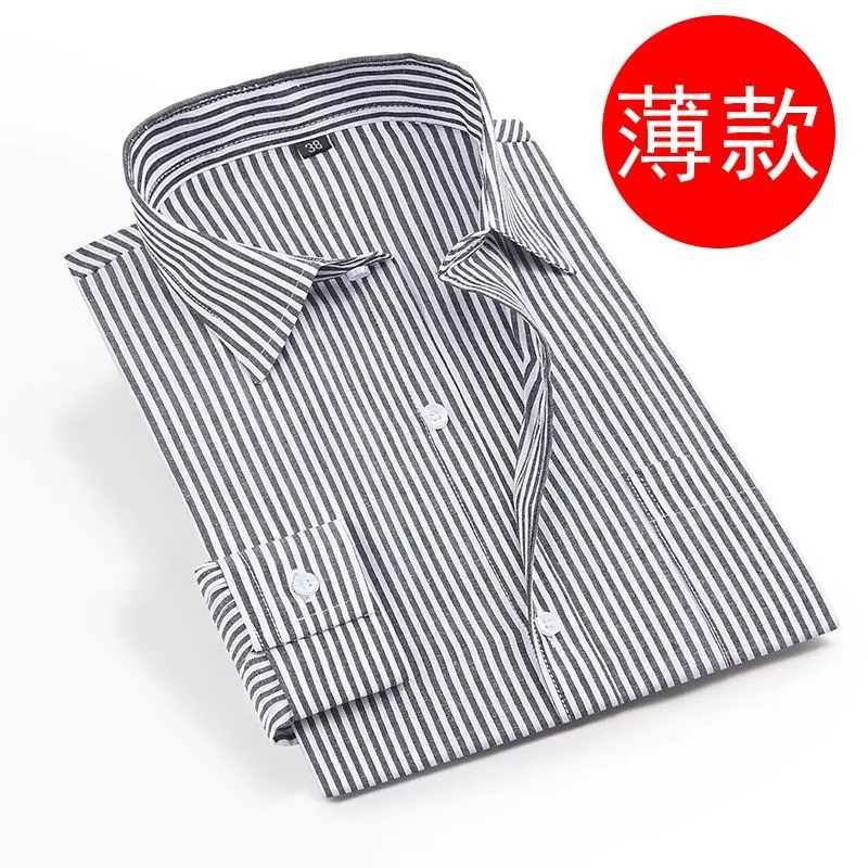 Áo Sơ Mi Bố, Dài Tay, Mỏng Mùa Hè, Dành Cho Nam Trung Niên, Công Sở Thường Ngày, Sọc, Làm Bằng Bông, Có Túi