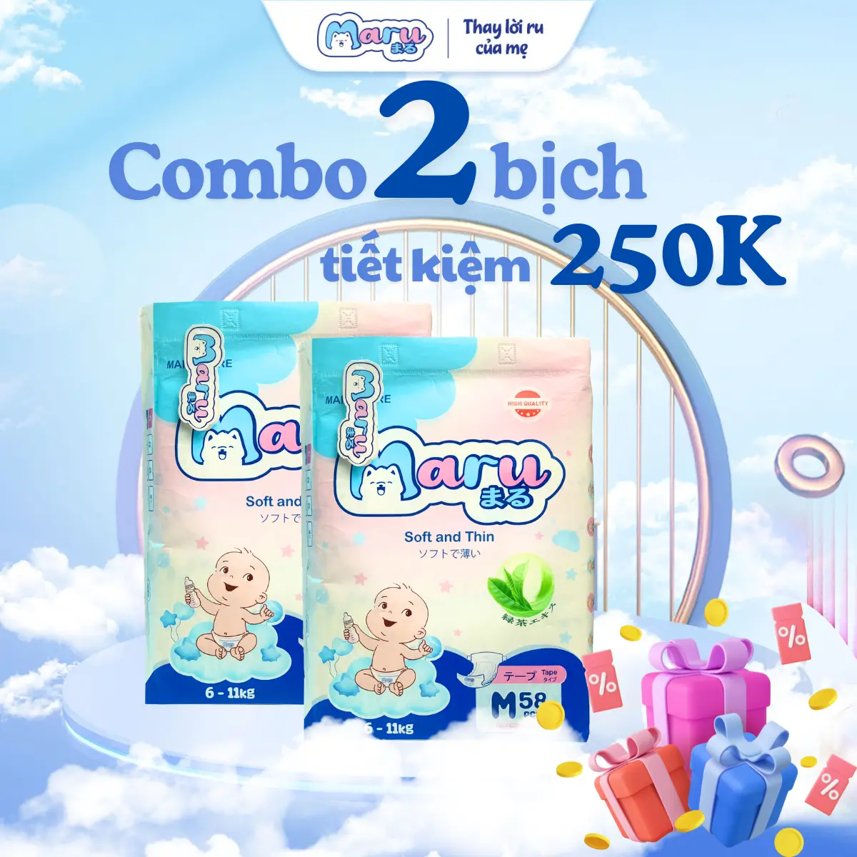 [SĂN LIVESTREAM Combo 2] Tã bỉm MARU công nghệ Nhật Bản - form to, bề mặt mềm mại, dịu nhẹ, thoáng khí, mỏng nhẹ