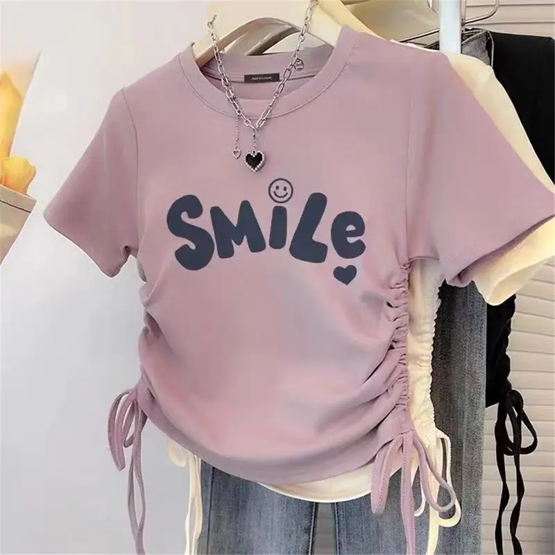 Áo Phông Ngắn Dây Rút Dành Cho Phụ Nữ, Kiểu Dáng Thẳng Vai, Cổ Tròn, In Chữ, Ôm Sát, ngắn Tay Áo, Thời Trang, Tươi Mới Và Ngọt Ngào, Áo Bé Gái 0
