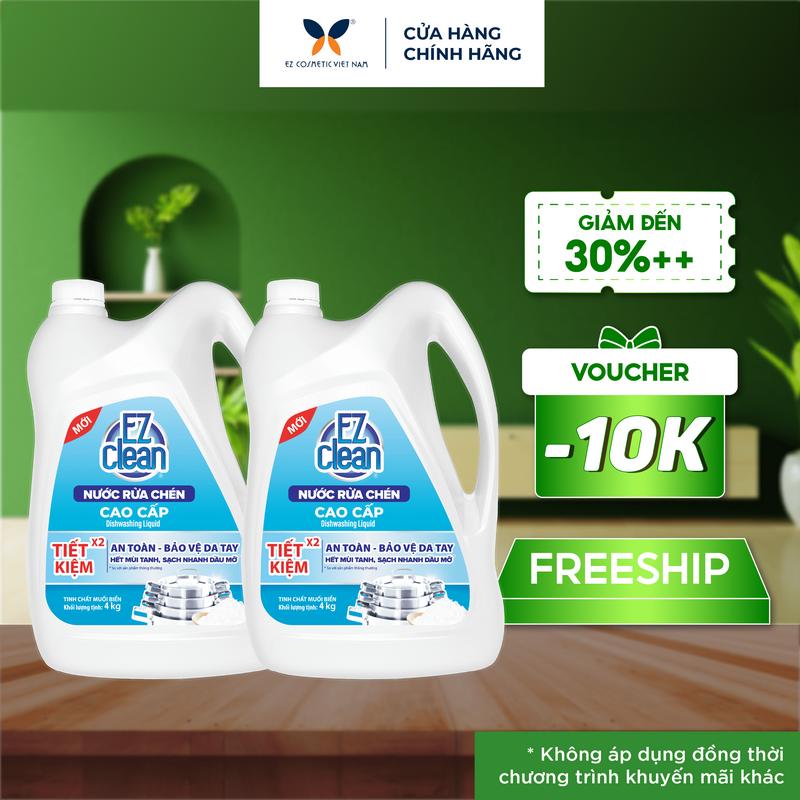Combo 2 Nước Rửa Chén Bát EZ Clean Can 4kg làm sạch nhanh dầu mỡ,  không phẩm màu độc hại, gốc thực vật dịu nhẹ, bổ sung vitamin E Kem nước  rửa