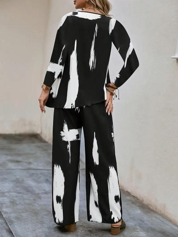 Plus Size Pop Art Print Asymmetrical Hem Blouse & Pocket Wide Leg Pants, Round Neck Long Sleeve Top & Trousers, Women's Two-piece Outfits for Daily Wear 4
