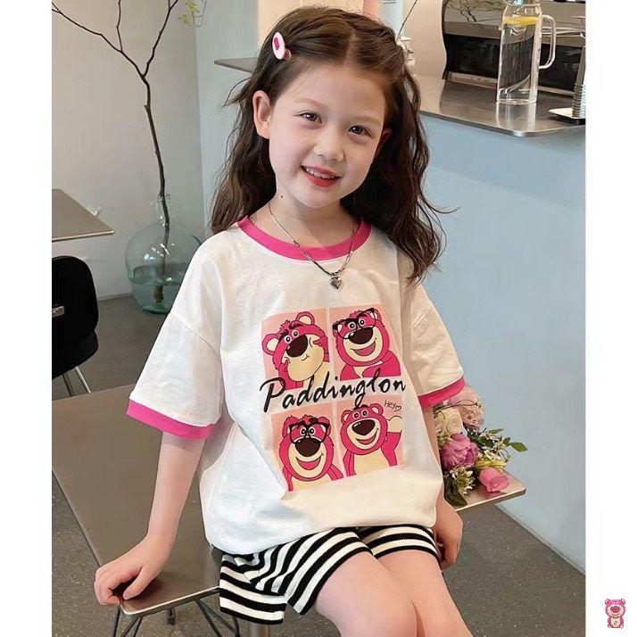 [MinMinKid](18-40kg) Áo thun in nhiệt gấu dâu hot hit cho bé gái diện đi học, đi chơi 0