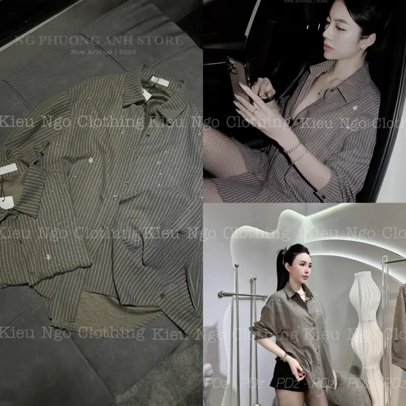 ( Hàng QC L1) Áo sơ mi đính đá màu ghi tôn da kèm túi móc dress nữ women Tre