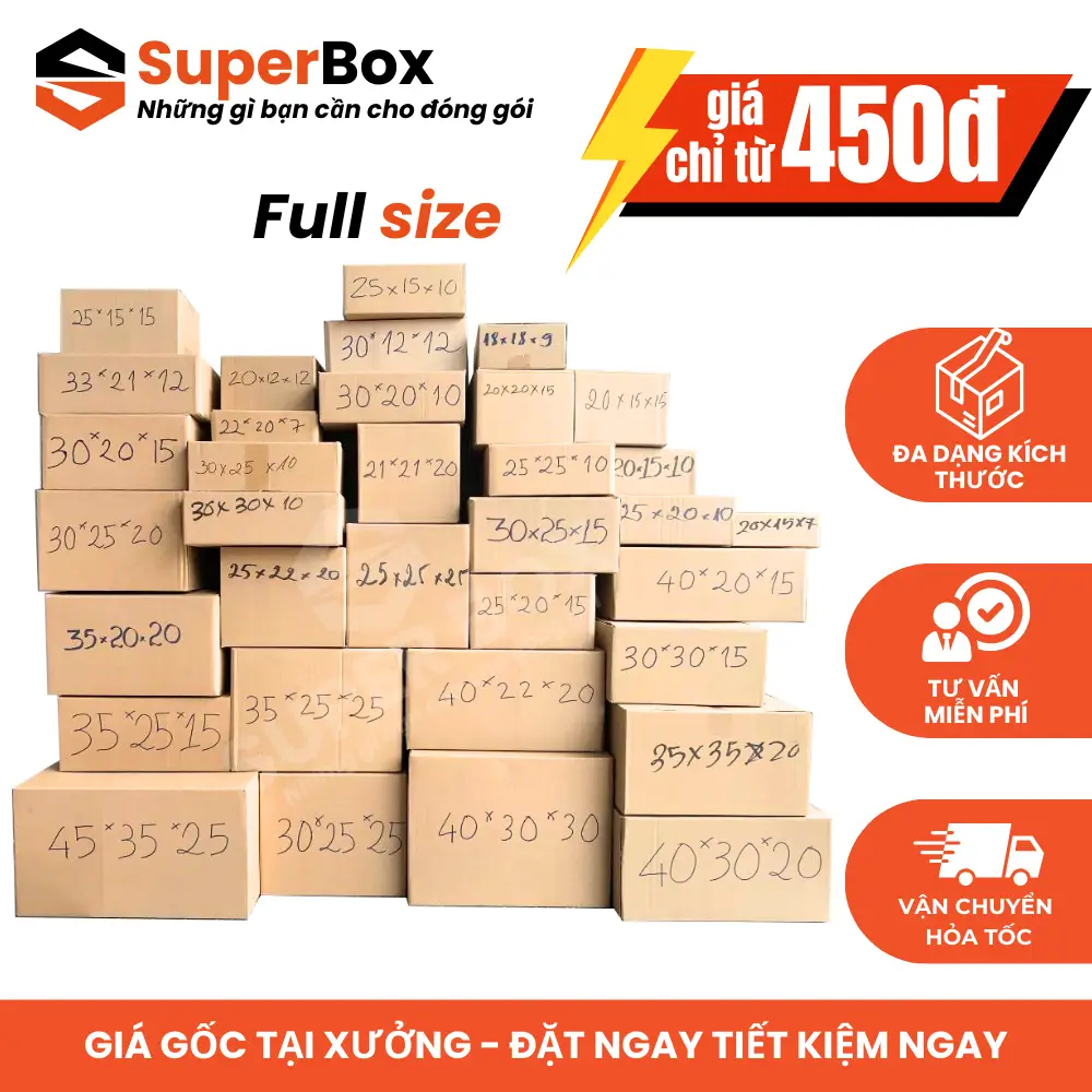 [COMBO 100] Hộp carton đóng hàng FULL SIZE, thùng giấy carton đóng gói đầy đủ kích thước giá rẻ