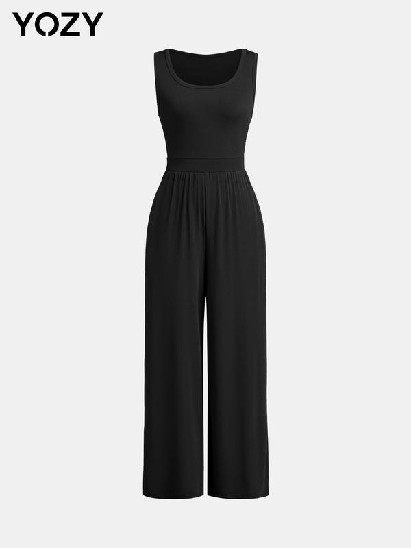 YOZY Solid High Waist Wide Leg Tank Jumpsuit/ Casual Comfort Sleeveless Jumpsuit, Women's Daily Wear for Summer & Autumn 1