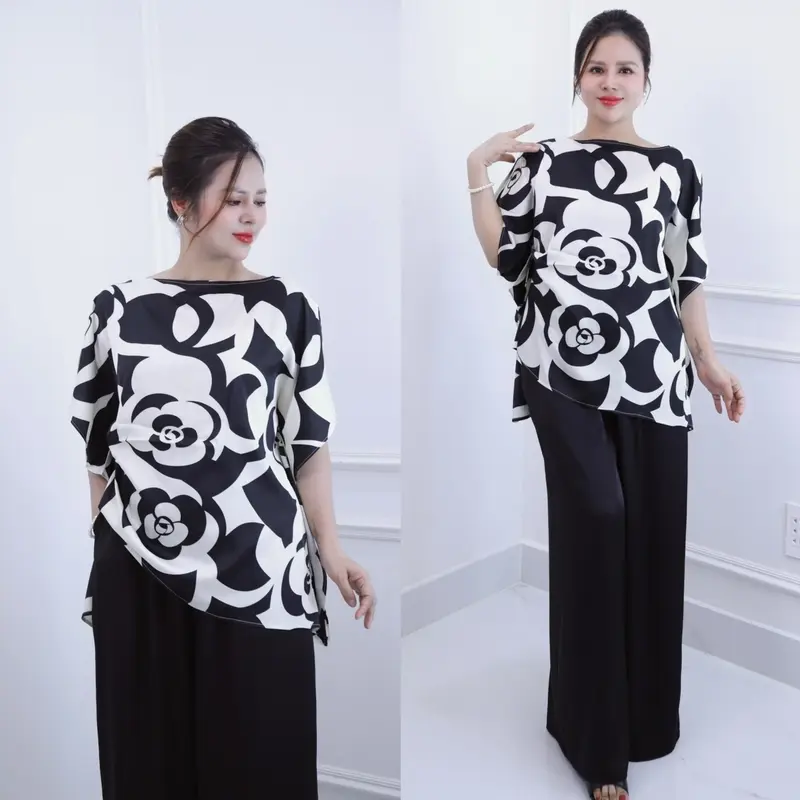 ( Hàng Cao Cấp ) Set Đồ bộ trung niên cách điệu, đồ bộ cho mẹ,áo kiểu, quần dài ống rộng , chất lụa lattin cao cấp CC36 Nữ Women Ong Top Voi Jacket Polo 2