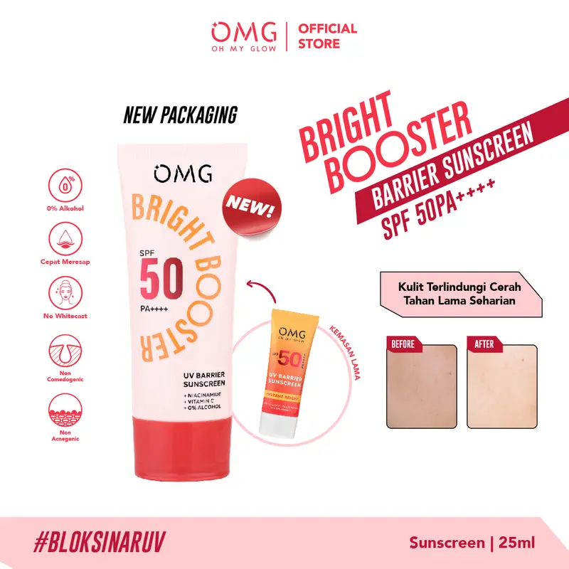 [6.6 MEGA SALE] OMG Oh My Glow Bright Booster UV Barrier Sunscreen 25 Ml SPF 50 PA+++  - Untuk Semua Jenis Kulit - Tone Up Sunscreen - Ringan, Cepat Meresap, Cerah Instan - Mengandung Niacinamide & Vitamin C - Sunblock, Tabir Surya 1
