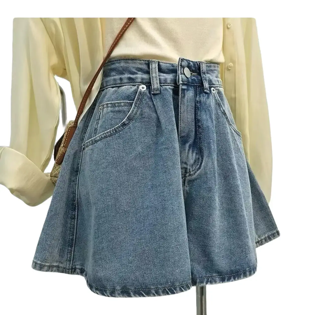 Quần shorts cạp cao ống xoè jeans kiểu dáng trẻ trung năng động cho nữ - Women khóa kéo boho chân váy