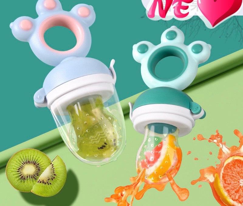 (Tặng kèm 2 đầu nhai silicone) Túi Nhai Ăn Dặm Gấu 3 Tai Cho bé không chứa BPA- Núm Ti Kem túi nhai trái cây cho bé