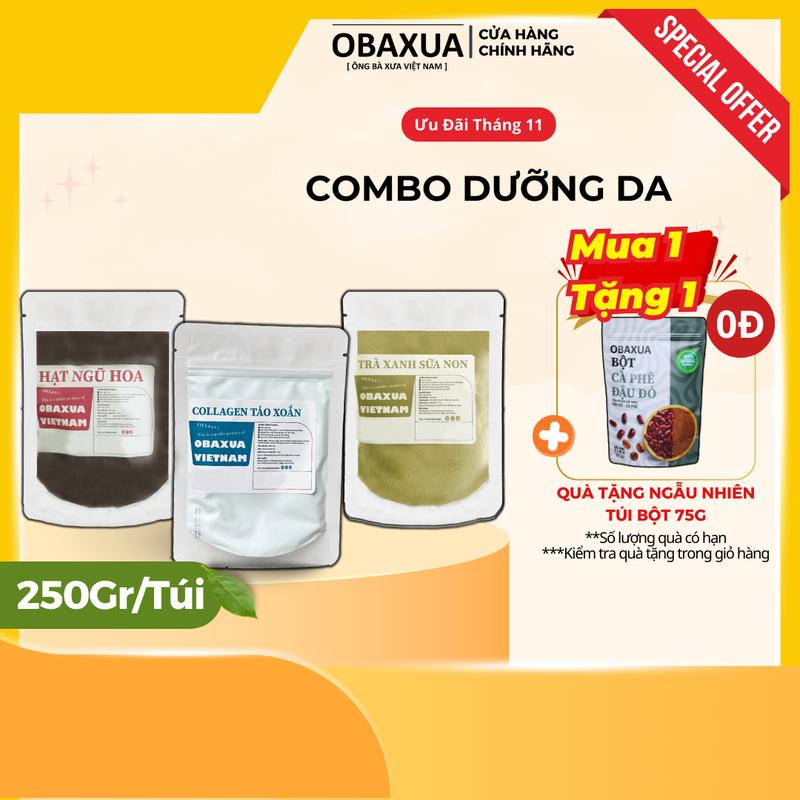 Combo [ Ngũ hoa hạt 250gr, Dẻo Colagen Tảo Xoăn Lục 250gr , Trà Xanh Sữa Non 250G ] ( 250G/túi) Mặt nạ bột đắp mặt Obaxua - Dành Cho Da Mụn , Hỗ trợ Cấp Ẩm Phục hồi da