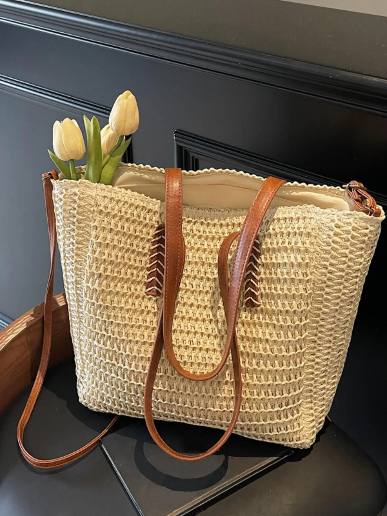 Women's Fashionable Straw Bag, Large Capacity Shoulder Bag for Women & Girls, Casual Trendy Versatile High-quality Daily Commuting Bag, Girl Shopping Bag
