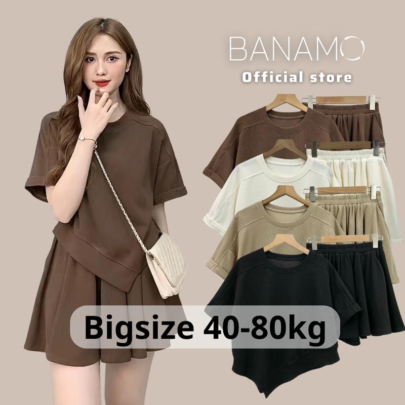 Set nữ BIGSIZE Banamo Fashion bộ áo vạt nhọn cộc tay kèm quần sooc xoè nỉ tăm 1910 Màu Nâu Top Kem Women