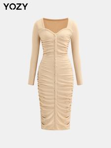 YOZY Women's Plain Ruched Split Hem Bodycon Dress, Elegant Sweetheart Neck Long Sleeve Dress for Party Dating Wear, Women's Clothing for Fall & Winter