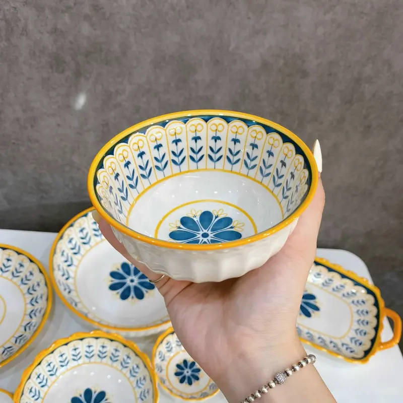 Tách Lẻ Bộ Bát Đĩa Thổ Cẩm  Hoa Vàng Nhật Bản Men Sáng Mịn 1