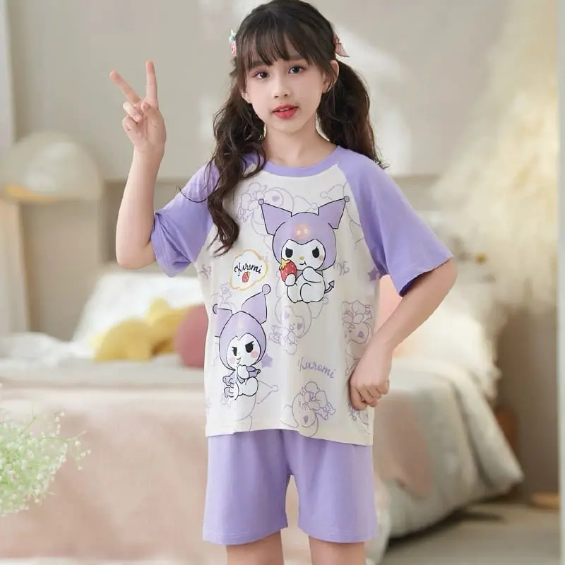 Bộ đồ ngủ trẻ em Happy cho bé gái 2024 mùa hè - 6 màu, cotton nguyên chất, tay ngắn bộpolobégái có thể giặt máy vừa in vừa in đồbộquầnsọccaro 12tuổi bộđồ blackpink 6