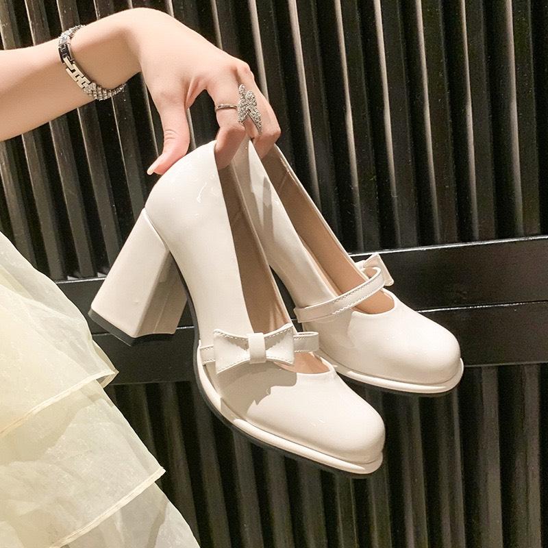 Giày Cao Gót Nữ 7 Phân Nơ Cạnh Chất da Mềm Size 35 - 39 Chân Mỏng Lùi Size