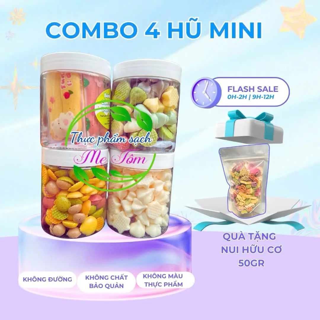 [Tặng Nui Gạo ]  Combo 4 Hũ Bánh Cookies Mini Vị Trái Cây Rau Củ Quả Snack Ăn Vặt Food Thức Ăn banh  gau
