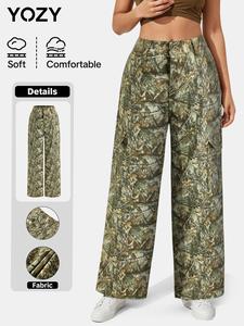 YOZY Women's Camo Print Button Fly Pocket Wide Leg Pants, Casual Comfy Trousers for Daily Wear, Ladies Bottoms for All Seasons