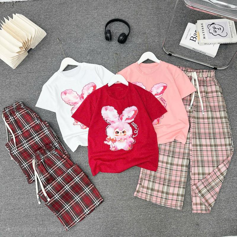 Sét bộ hè bé gái,quần kẻ chất đũi form rộng kết hợp áo in hình BaBy Three size 15-45kg (mã 02.hồng) 3