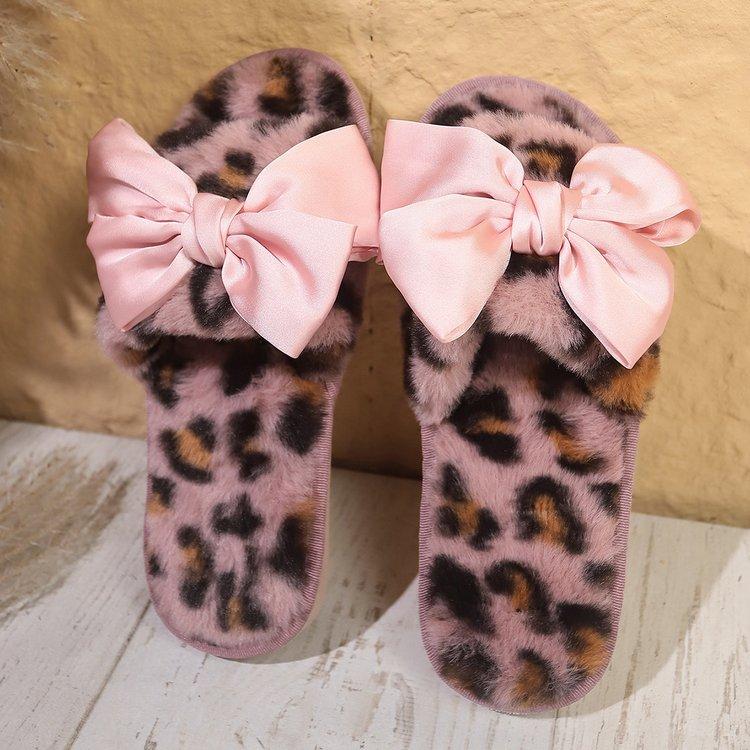 Product Introduction of Fluffy Leopard Bowknot Slippers Women's Autumn and Winter Flat Home Floor Slippers Open Toe Cotton Slippers Women's Flat-Heeled Slippers Rubber Suede 3