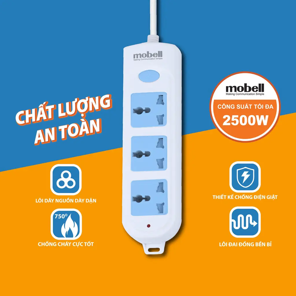 [QUÀ TẶNG] Ổ cắm điện đa năng CX1306U0-5 Mobell 3 lỗ cắm 2m với công tắc chịu nhiệt cao 750 độ C 2500W