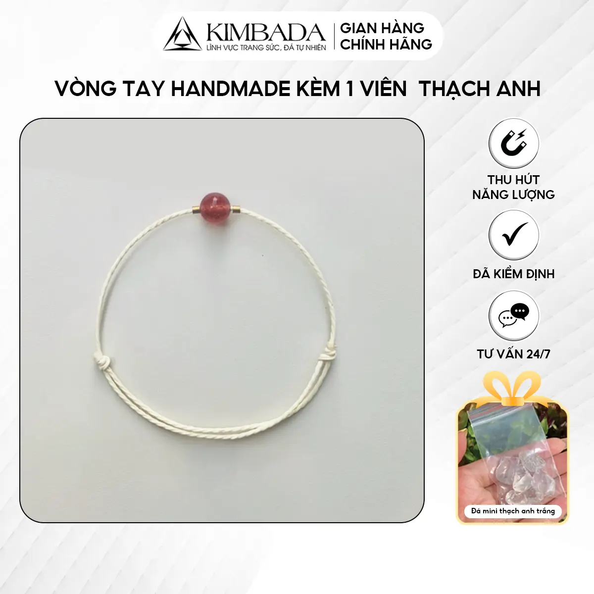 Vòng tay handmade kèm 1 viên thạch anh tự nhiên phụ kiện thời trang nữ, trang sức vòng tay phong thủy Kimbada