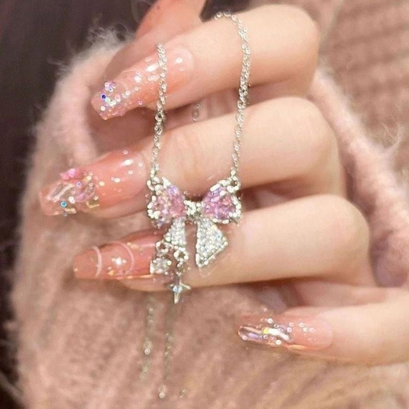 Explosive Network Red Pink Bright Bow Necklace Ins Students Sweet Cool Girl Clavicle Chain with Light Luxury Senior Sense of Summer 3