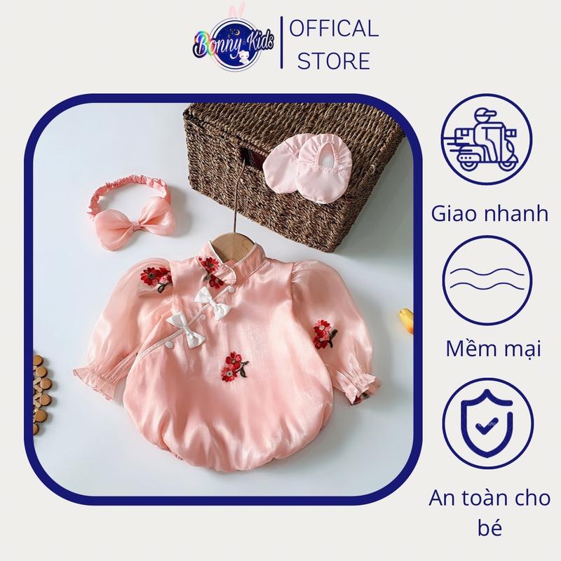 Body Chip Cổ Tàu Organda Thêu Hoa Mc Kèm Turban và Tất Chân Cho Bé Gái Sơ Sinh Mặc Đầy Tháng, Thôi Nôi