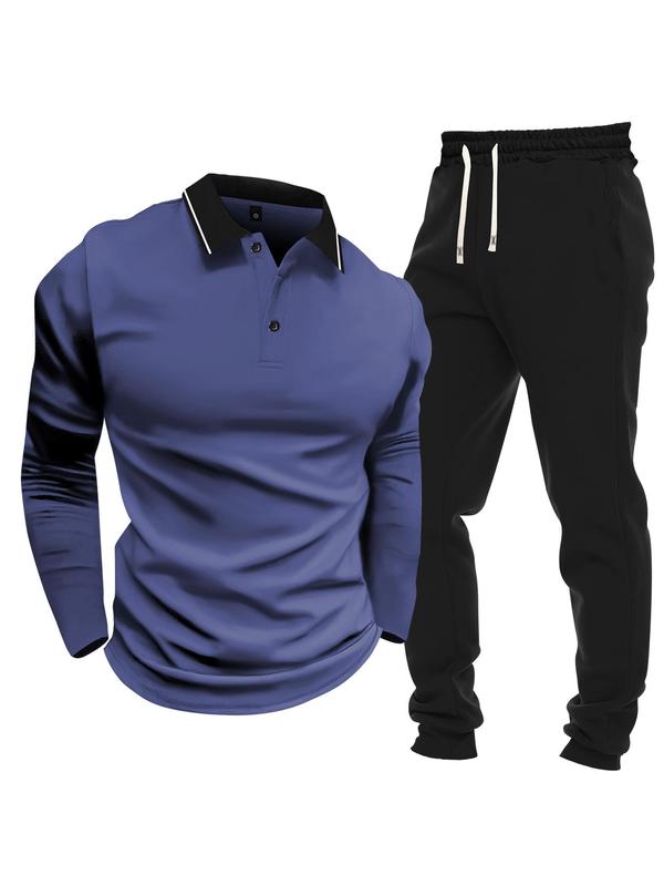 Men's Plain Button Front Polo Shirt & Drawstring Waist Pants Set, Regular Fit Long Sleeve Collared Top & Jogger Pants, Men Two-piece Outfits for Spring & Fall 3
