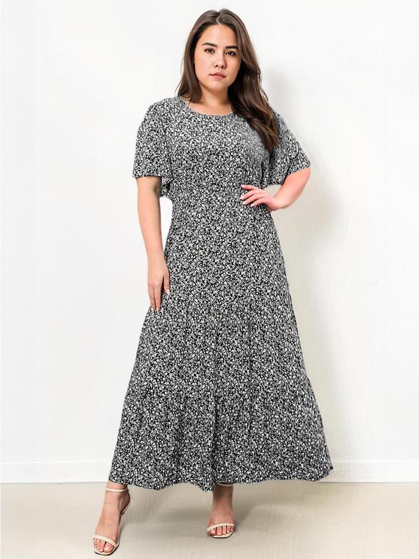【Plus Size】 Ditsy Floral Print Round Neck Dress, Fashion Casual Short Sleeve Long Dress for Daily Holiday Vacation Wear, Women Plus Clothing for All Seasons 8