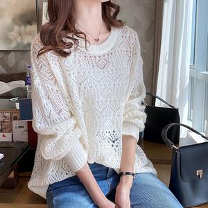 Casual Style Spring Summer Hollow Out Knit Sweater Loose Fit Pullover Round Neck Thin Sweater Women Long Sleeve Cover-Up Top