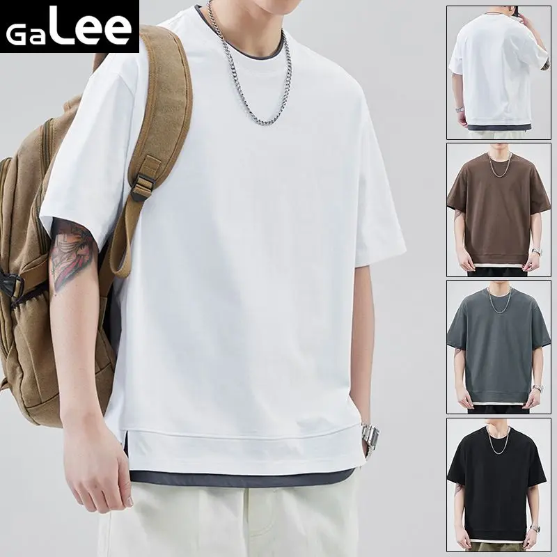 Ga Lee Men's Solid Color Short Sleeve T-shirt Summer New Trendy Brand Loose Fake Two Piece Round Neck Half Sleeve Top Clothes for Men